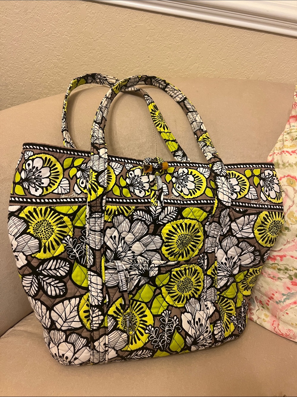 Vera Bradley Quilted Floral Tote in Yellow, Brown and White